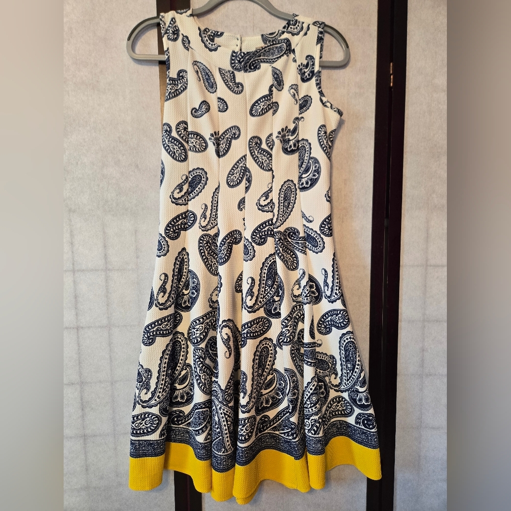 Haani White and Blue Paisley Midi Dress with Yellow Hem Size Small Petite